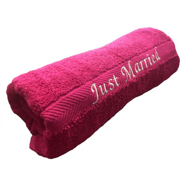 Just Married Beach Towel Fuchsia | Honeymoon Towels | Forever Memories